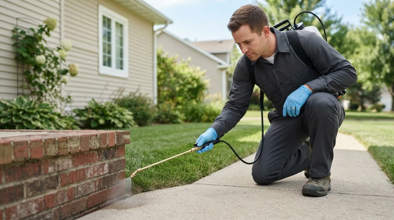 Pest control technician treating a home near Lancaster, WI